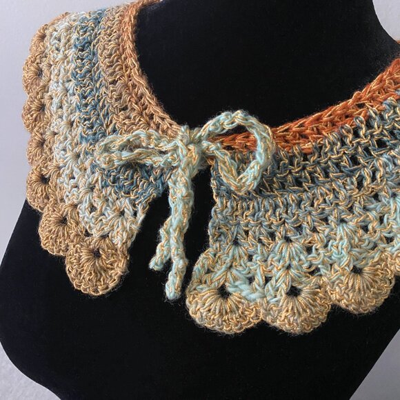 Handmade Crochet Blue Orange Gold Wool Blend Collar Neckwear Accessory - Picture 2 of 6